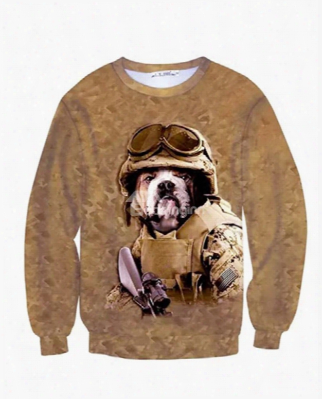 Long Sleeve Dog Solider Pattern Inner Suede 3d Painted Hoodie