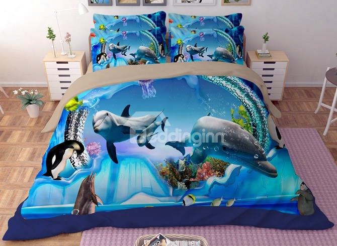 Lovely 3d Dolphins Print 4-piece Polyester Duvet Cover Sets