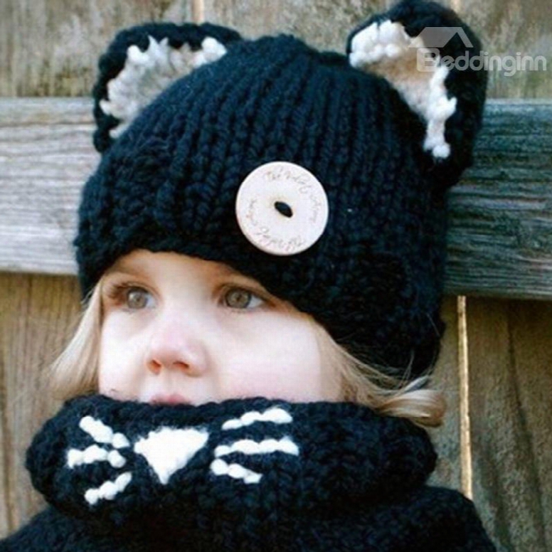 Lovely And Softy Knitted Cat Design Kids Hat And Scarf