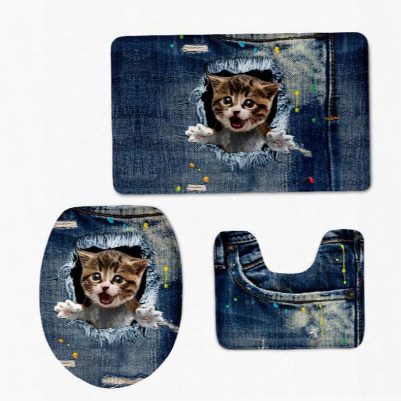 Lovely Cat Making Faces In The Jean 3d Printing 3-pieces Toilet Seat Cover