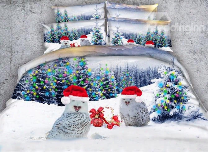 Lovely Christmas Owls 3d Printed 5-piece Comforter Sets
