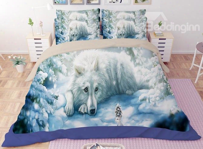 Lovely Snow Wolf Print 4-piece Polyester Duvet Cover Sets