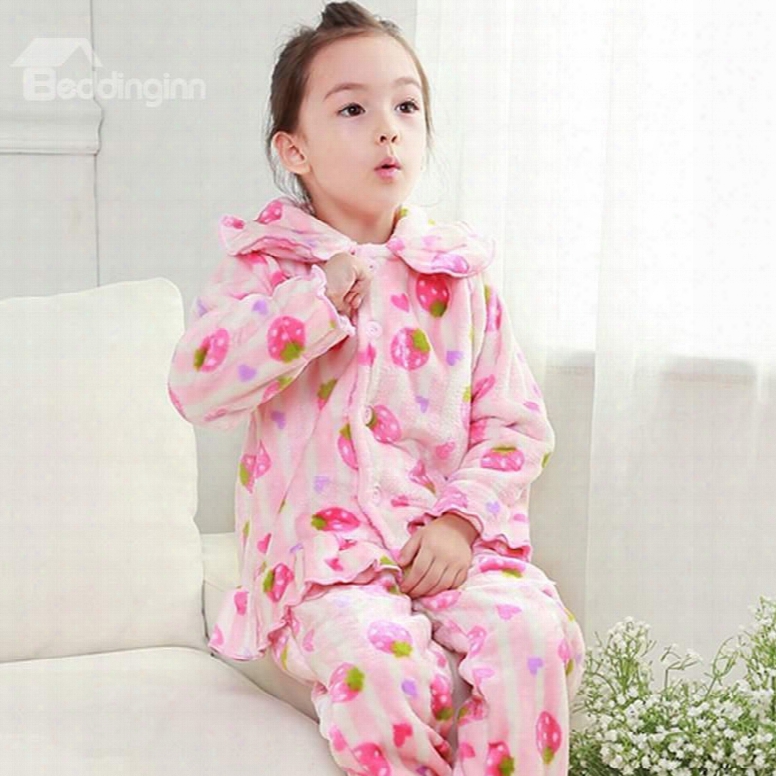 Lovely Strawberry Pattern Pink Flannel Kids Pajamas