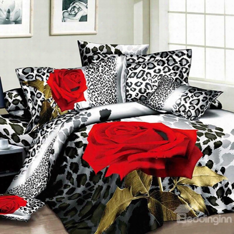 Luxurious Red Rose And Leopard Print Flat Sheet