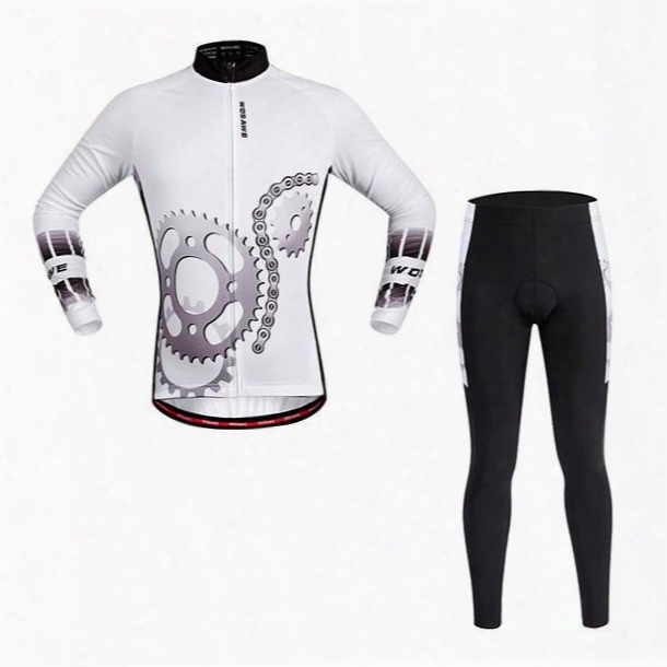 Men's White Gear Pattern 3d Padded Long Sleeve Jersey Cycling Clothing