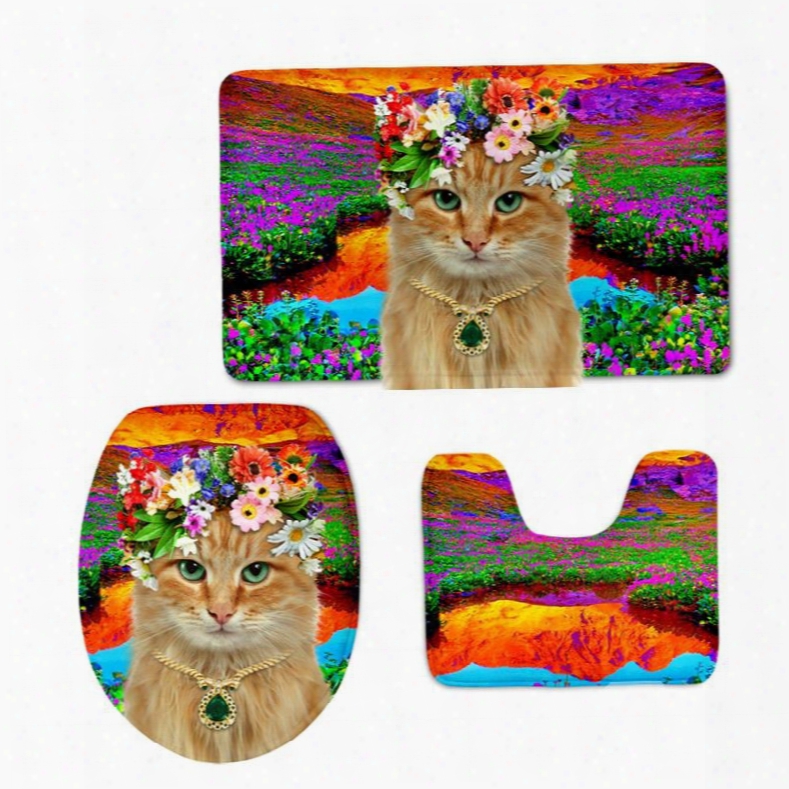 Miss Cat In The Flower Field 3d Printing 3-pieces Toilet Seat Cover