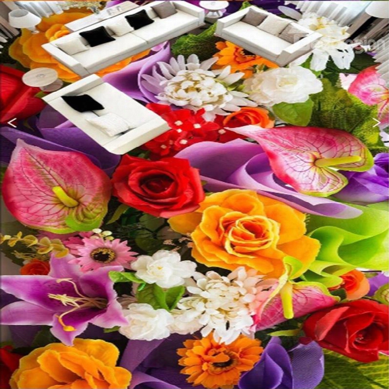 Modern Colorful Flowers Print Nonslip And Waterproof Print 3d Floor Murals