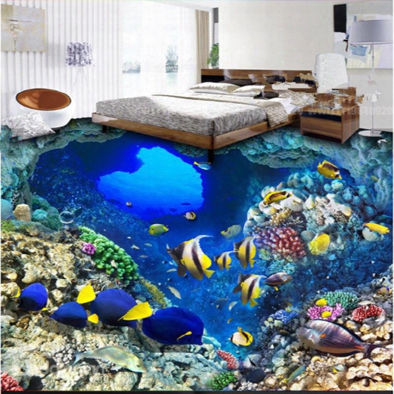 Modern Fashion Design Blue Sea And Fishes Pattern Wearproof Decorative 3d Floor Murals