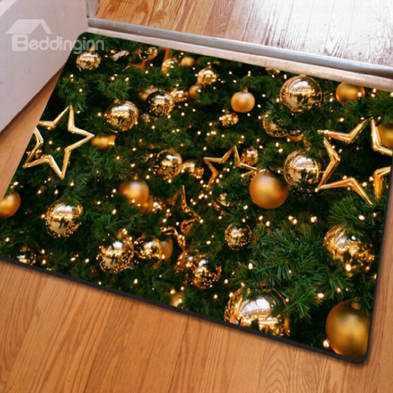 Natural Rectangle Christmas Trees And Balls Pattern Non Slip Doormat