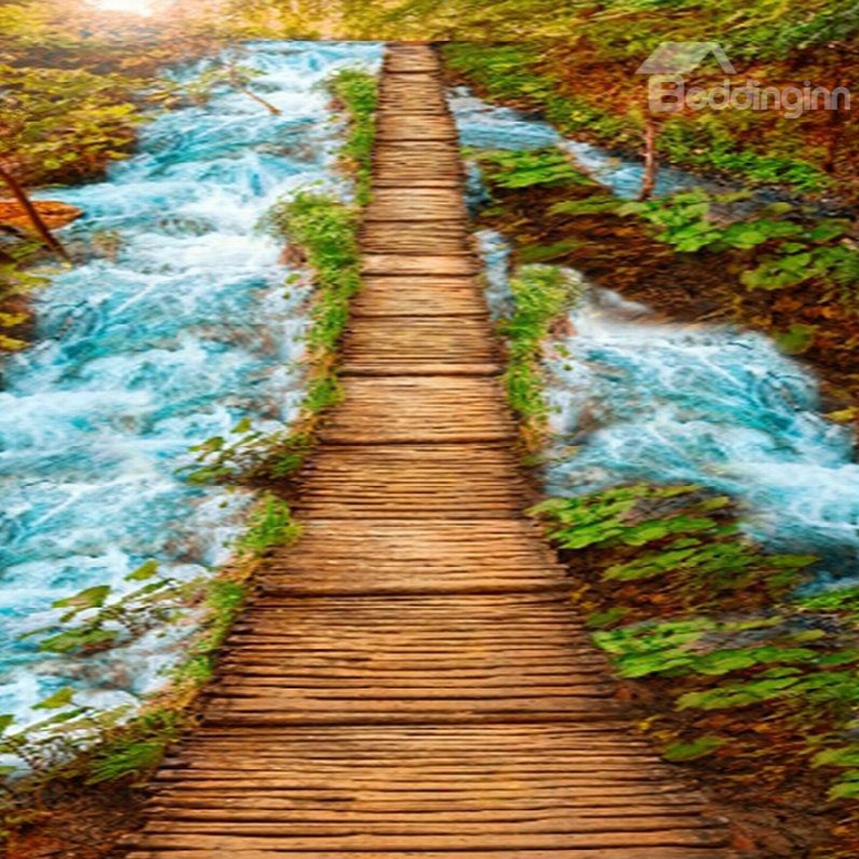 Natural Wooden Bridge Over The Stream Scenery Pattern Waterproof 3d Floor Murals