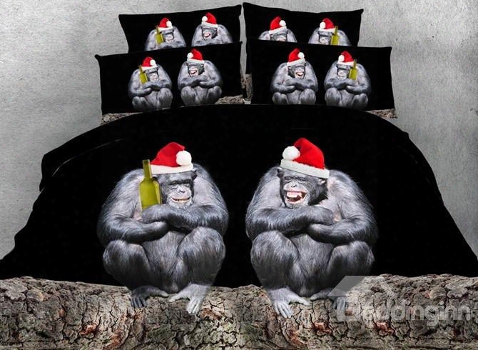 Naughty Orangutan With Christmas Hat Print 5-piece Comforter Sets