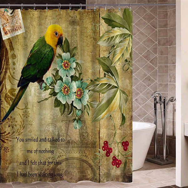 Old Pictrial Green Parrot Standing On Blue Flower Print 3d Bathroom Shower Curtain