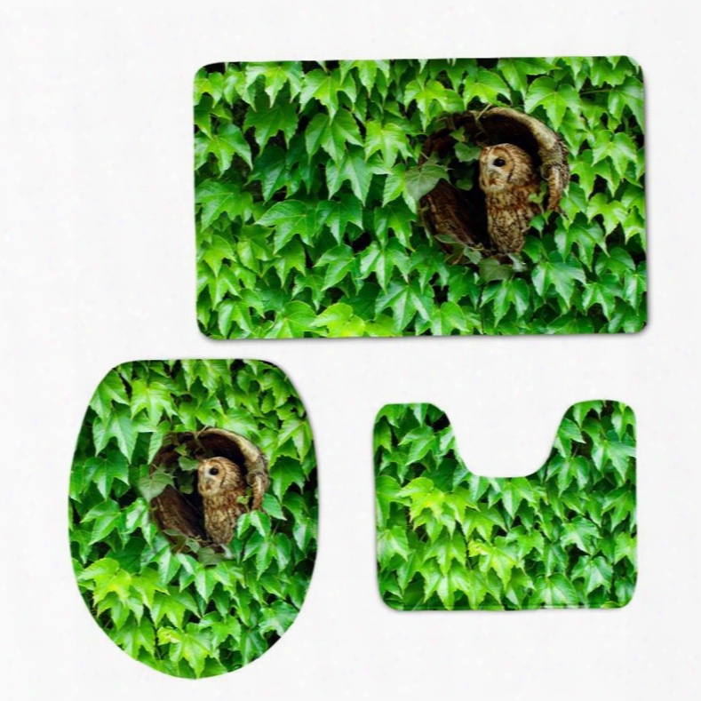 Owl Hiding In The Leaves Printed 3-pieces 3d Toilet Seat Cover Sets