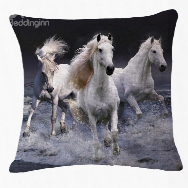 Photographic 3d Three White Horses Printed Throw Pillow