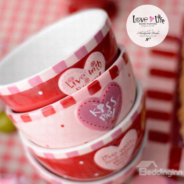Pink And Red Ceramic Creative Heart Pattern Fashion Bowls Painted Pottery