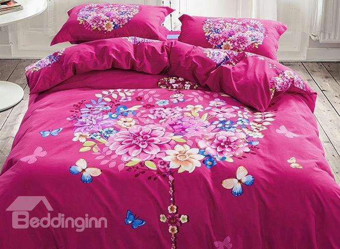 Pink Heart-shaped Blossoms Calico 4-piece Cotton Duvet Cover Sets