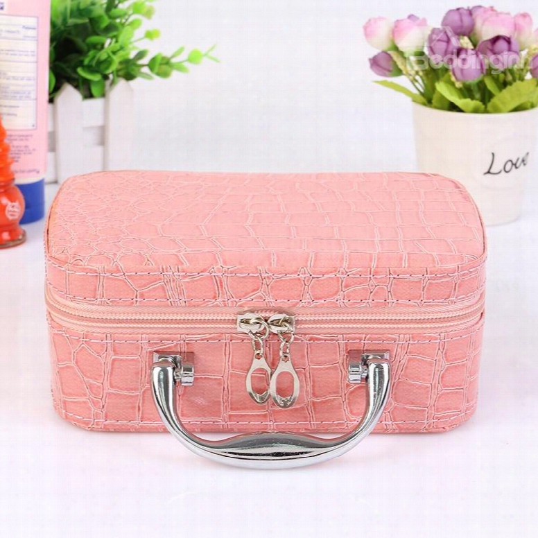 Pink Single Layer Pu Portable Cosmetic Bags With Mirror