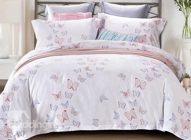 Popular Butterflies Print White 4-piece Cotton Duvet Cover Sets