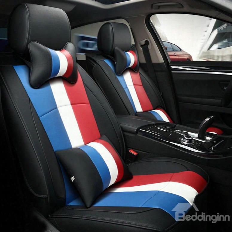 Popular Textured Durable Pu Leather Material Design Colorful Bands Pattern Style Universal Five Car Seat Cover