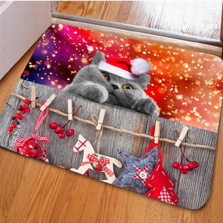 Practical Rectangle Cute Cat Pattern Christmas Decoration Non Slip Doormat