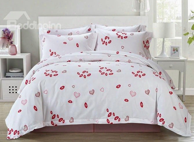 Pretty Lovely Red Lips Print 4-piece Cotton Duvet Cover Sets