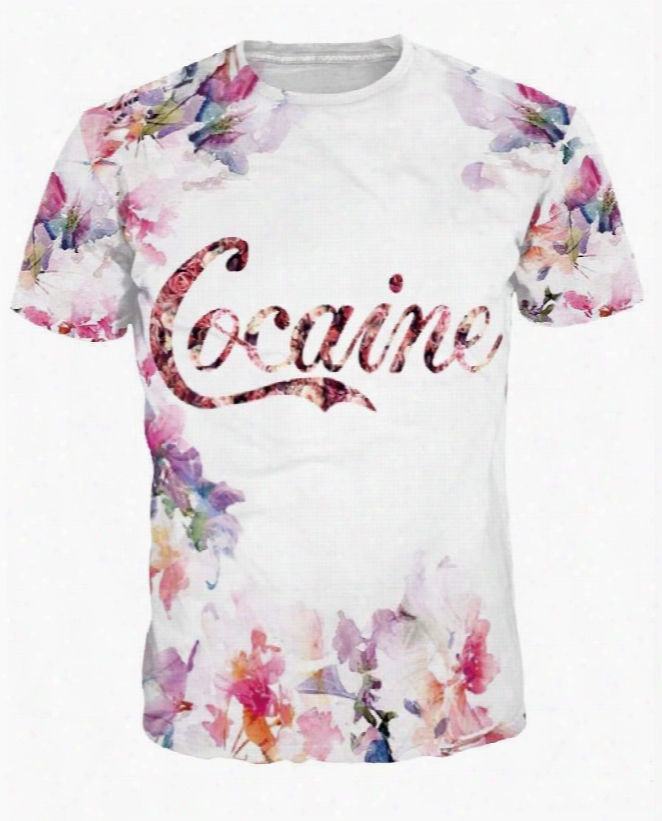 Pretty Round Neck Floral Pattern White 3d Painted T-shirt