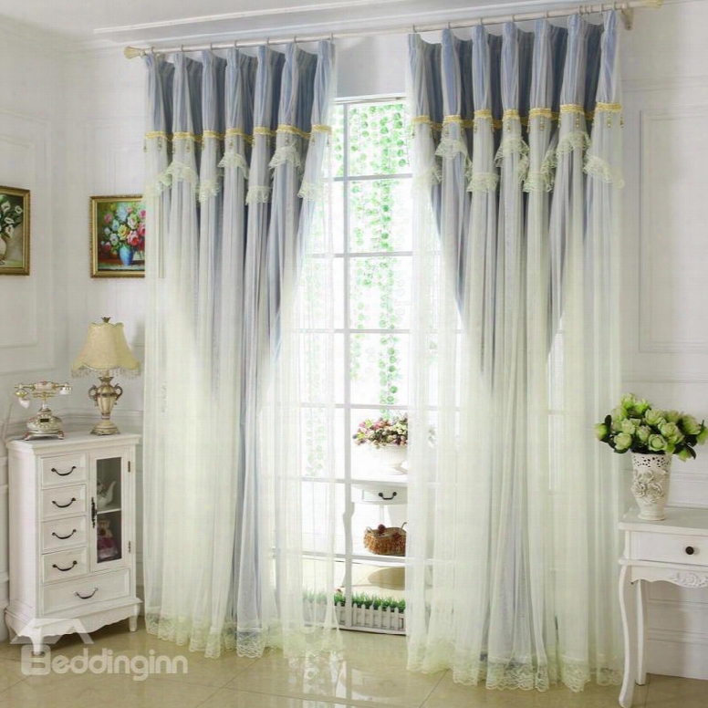 Princess Style Blue Sheer And Cloth Sewing Together Blackout Custom Curtain With Lace