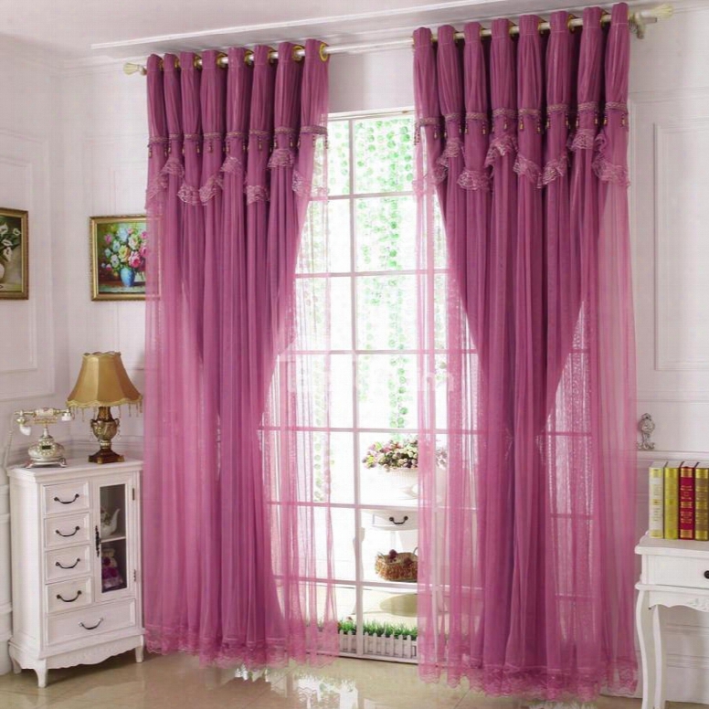 Princess Style Purple Sheer And Cloth Sewing Together Blackout Custom Curtain With Lace