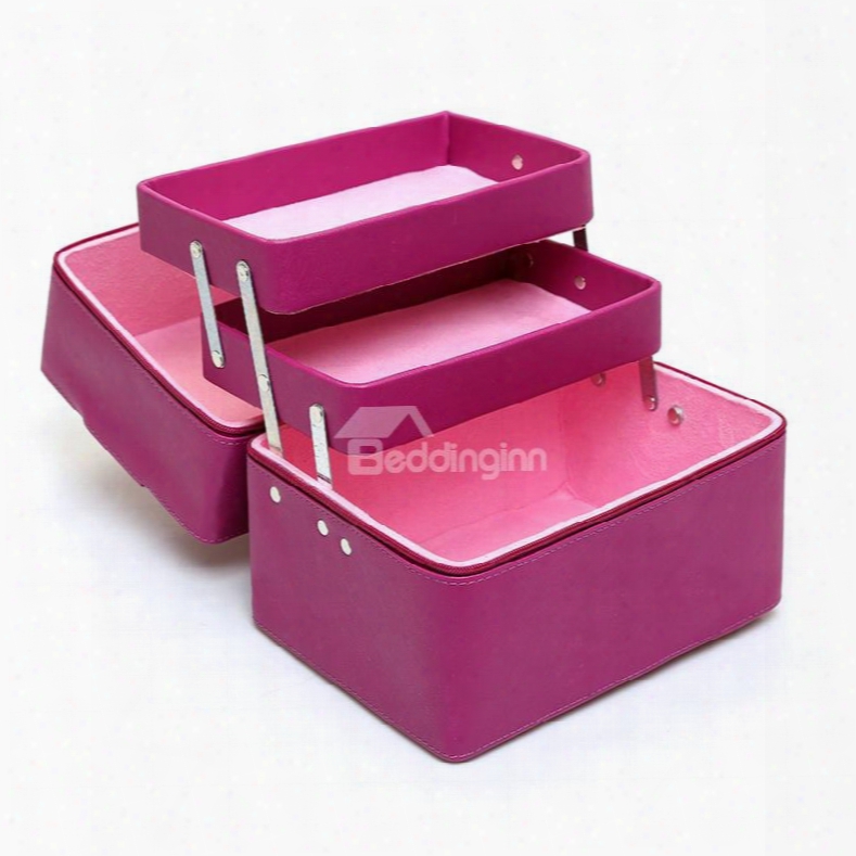 Purple 3-layer Pu Travel Cosmetic Bags With Zipper