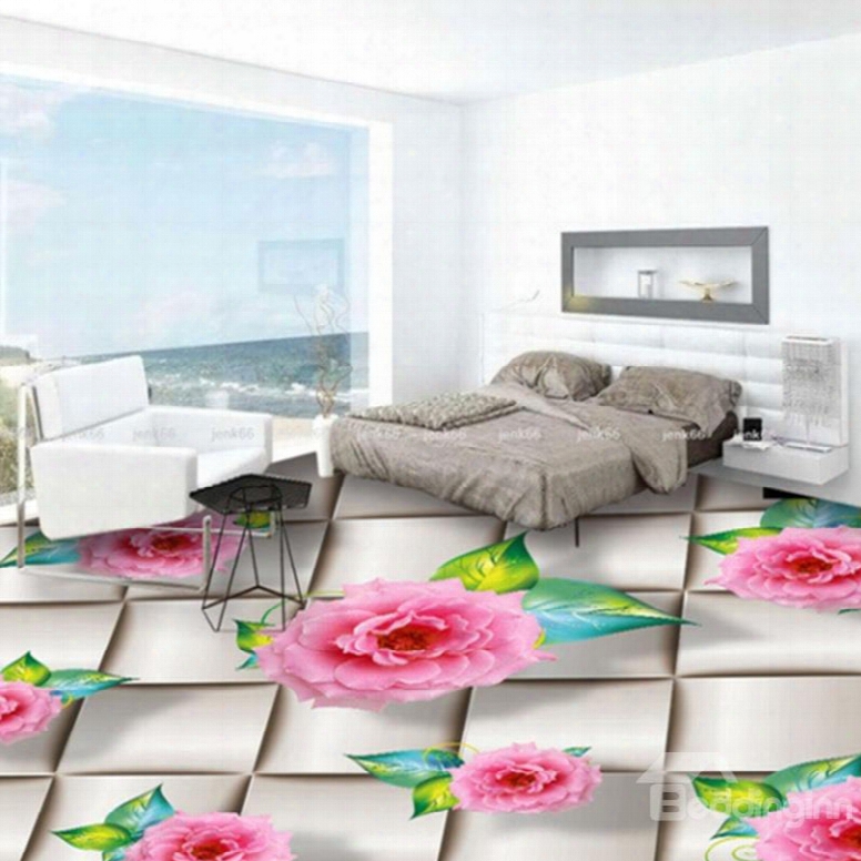 Realistic Beautiful Pink Peony Pattern Waterproof Splicing 3d Floor Murals