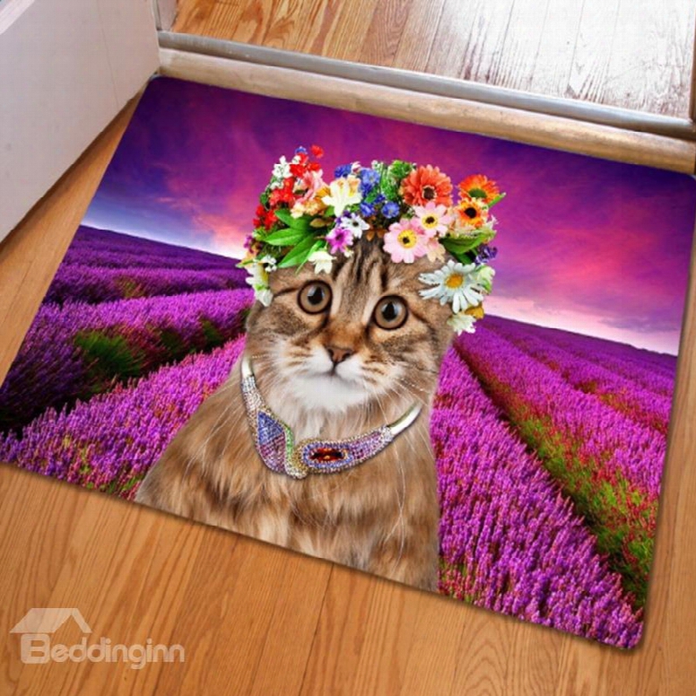 Rectangle Beautiful Flower Cat Print Home Decorative Non Slip Doormat