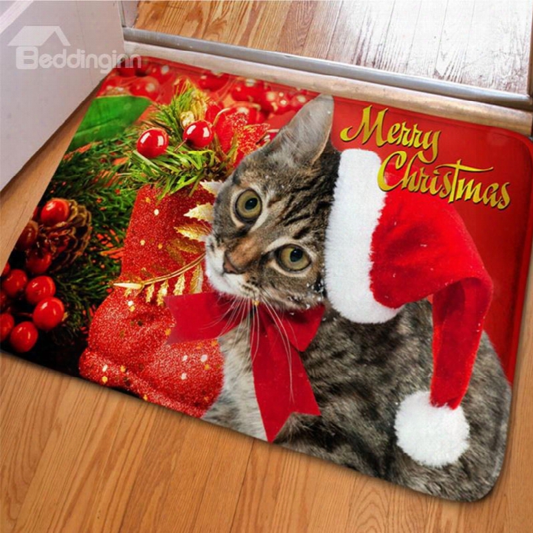 Rectangle Red Cute Cat Pattern Christmas Decoration Non Slip Doormat