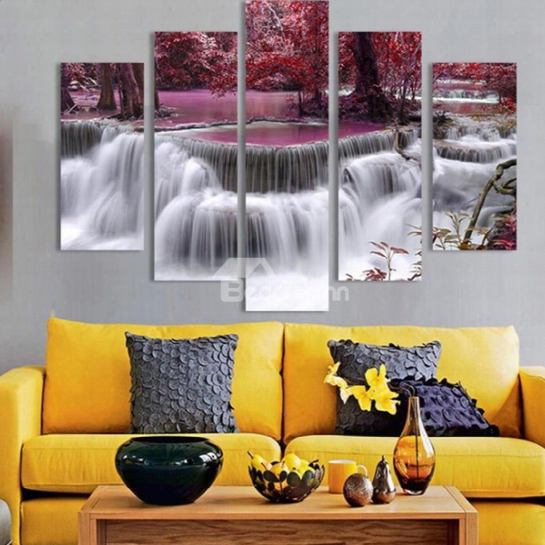 Red Forest And Waterfall 5-piece C Anvas Hung Non-framed Wall Prints