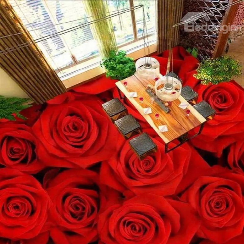 Red Romantic Roses Pattern Waterproof Splicing Decorative 3d Floor Murals