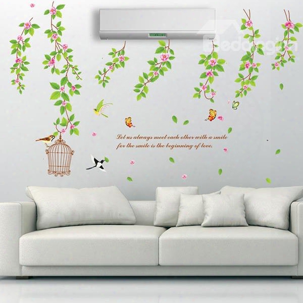 Refreshing Leaves Branches And Birds Removable Wall Sticker