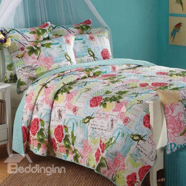 Romantic Red Rose Print 3-piece Cotton Bed In A Bag