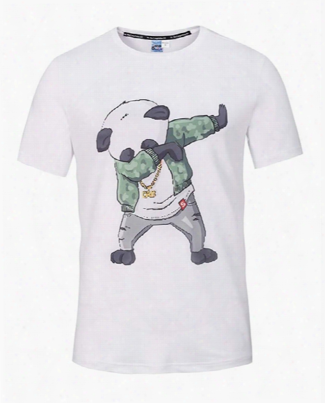 Round Neck Cartoon Panda Dance Pattern White 3d Painted T-shirt