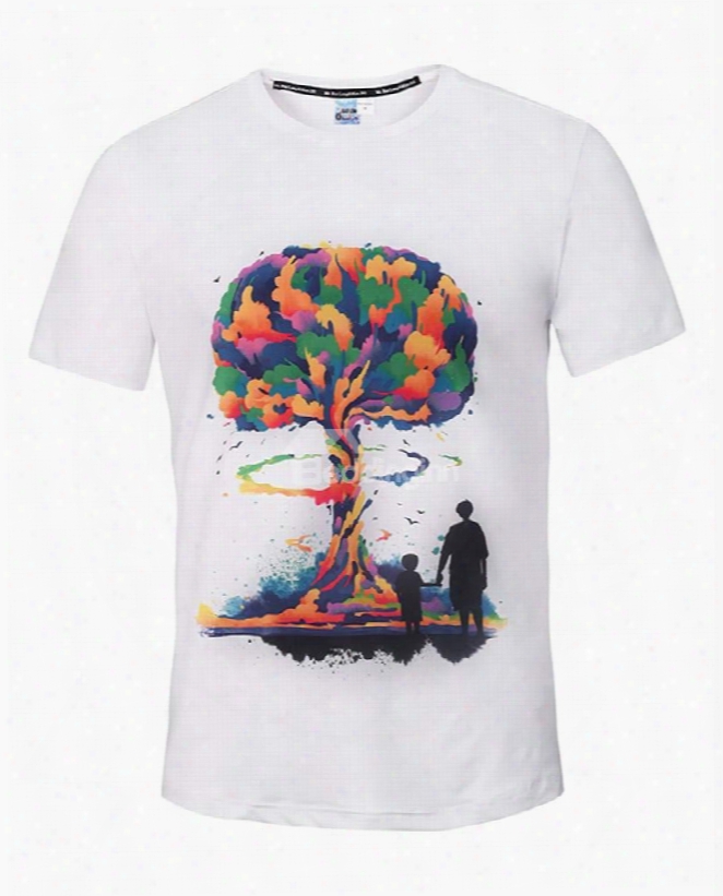 Round Neck Colorful Tree With Two Mans Pattern Pale 3d Painted T-shirt