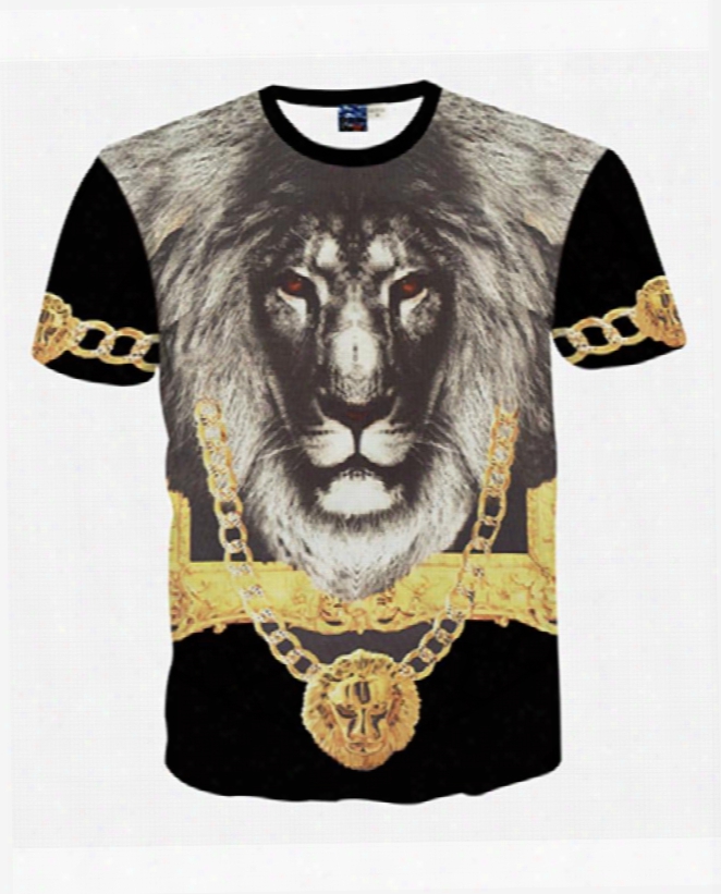 Round Neck Lion Face Pattern Black 3d Painted T-shirt