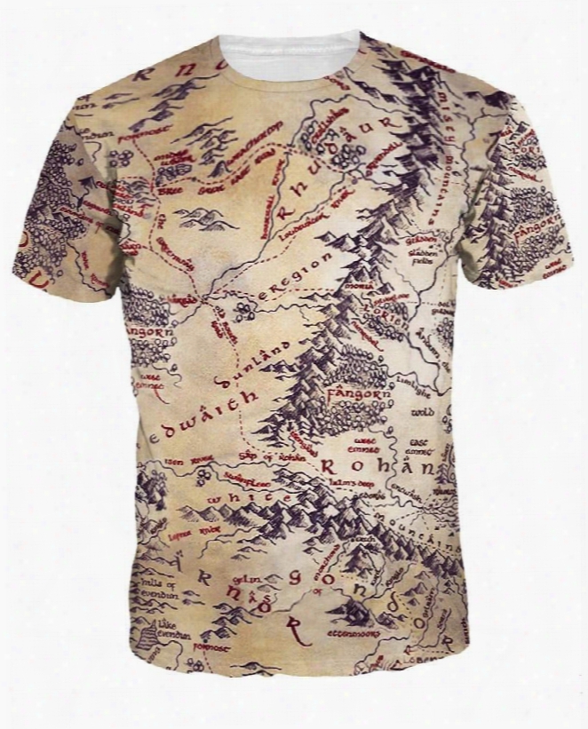 Round Neck Map Pattern 3d Painted T-shirt