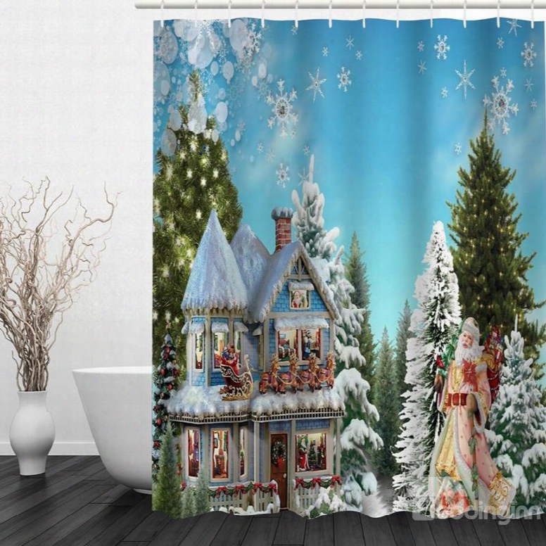 Santa And Magic House In The Forest Printing Christmas Theme Bathroom 3d Shower Curtain