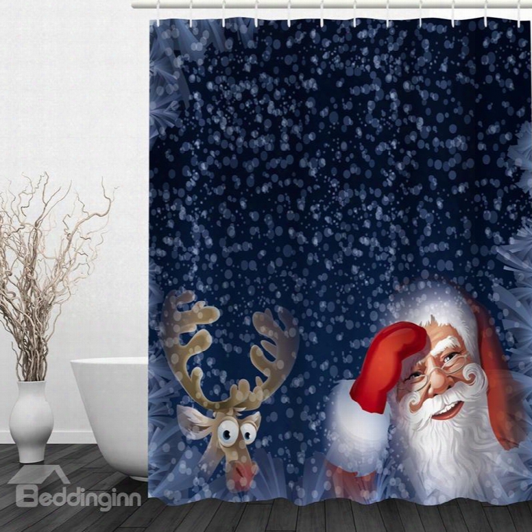 Santa And Reindeer Looking Through The Window Printing Christmas Theme 3d Shower Curtain