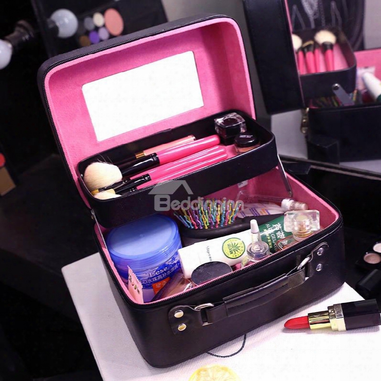 Solid Color Pu Cosmetic Travel Carrying Case With Mirror