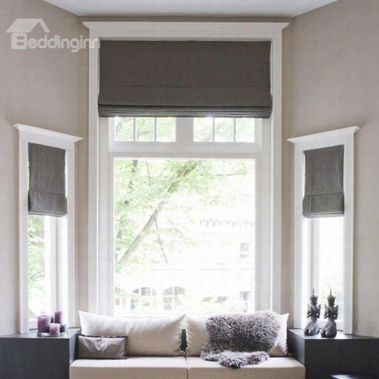 Solid Grey Color Cotton And Linen Blending Flat-shaped Roman Shades