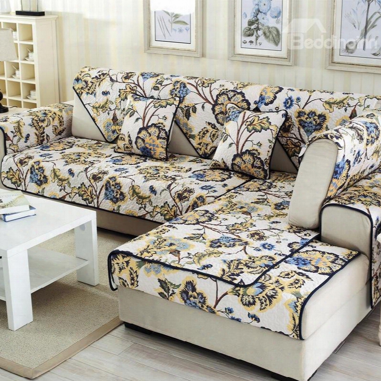 Special Design Beautiful Flowers Print Cushion Slip Resistant Four Seasons 1 Piece Sofa Cover