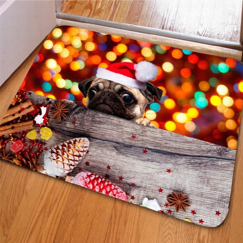 Special Design Rectangle Dog And Pinecone Print Christmas Decoration Non Slip Doormat