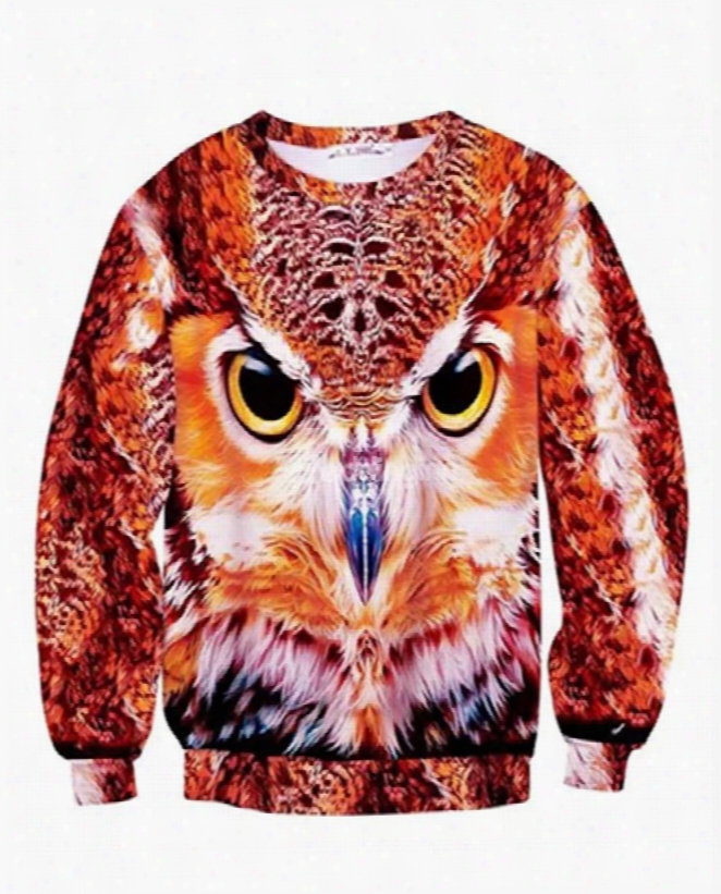 Special Long Sleeve Owl Pattern Inner Suede 3d Painted Hoodie