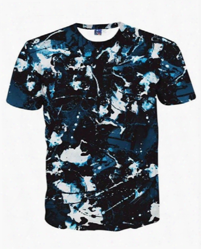 Special Round Neck Camouflage Pattern Dark Blue 3d Painted T-shirt