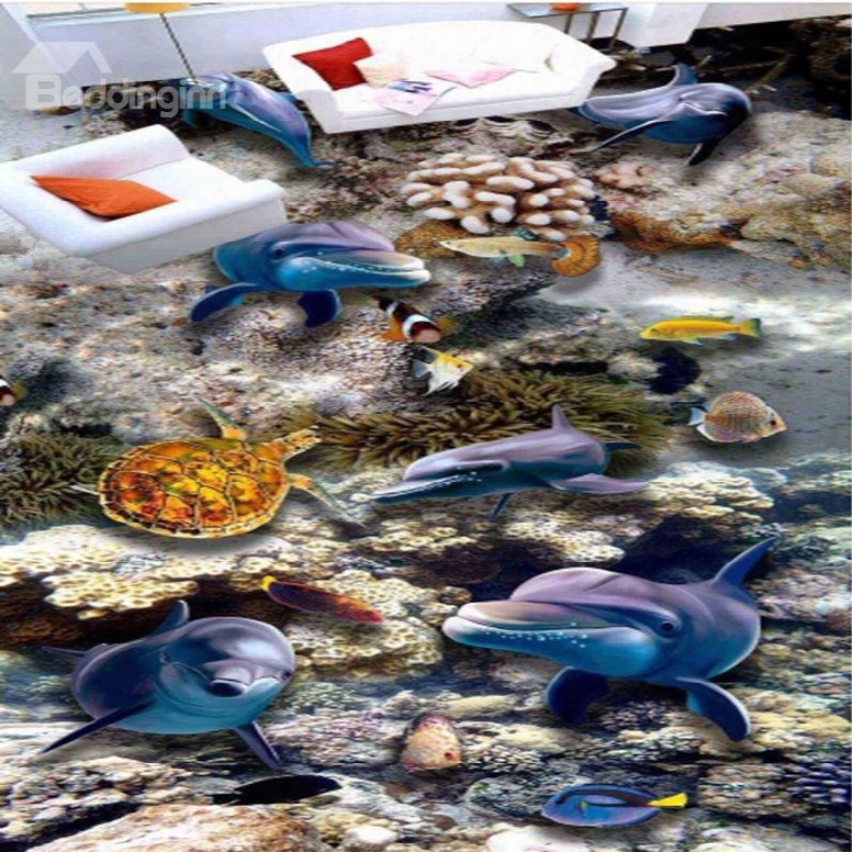 Stunning Dolphins And Turtles Under The Sea Decorative Waterproof 3d Floor Murals