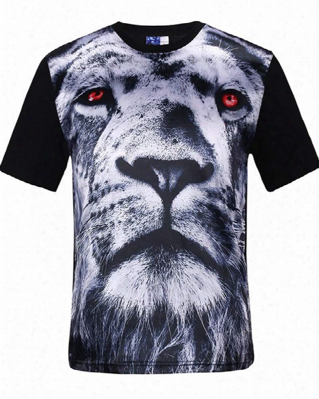 Super Round Neck White Lion Face Pattern Black 3d Painted T-shirt